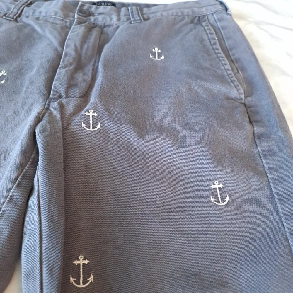 J. Crew Mens 30W Gramercy Chino‎ Gray Anchor Embroidered Shorts Nautical Preppy